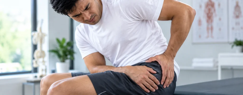 Man sitting on a treatment table, holding his hip and showing signs of hip pain in a professional clinic setting.